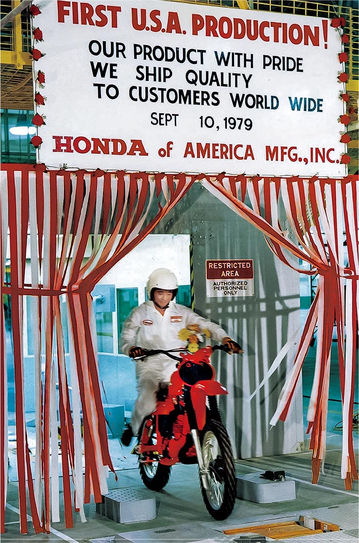 The first CR250R motorcycle produced at HAM rolls off the line in 1979.