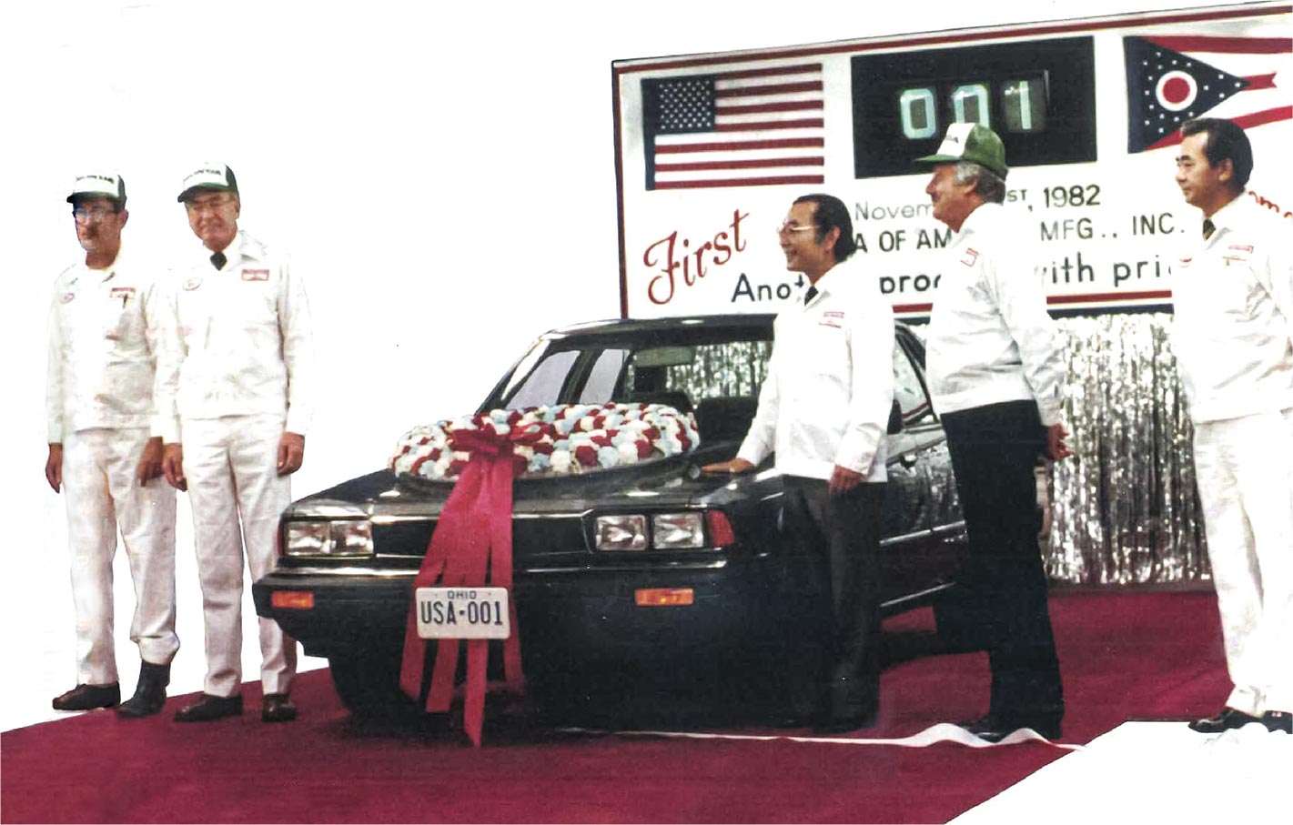 The first Accord, the first locally produced vehicle in the U.S. by a Japanese automaker, rolls off the line.