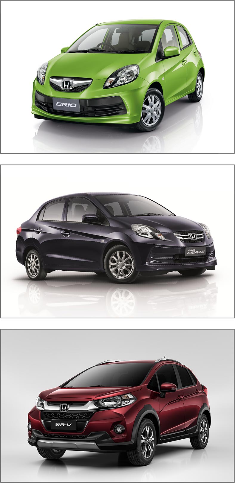 Regional models (from top) Brio, Amaze, and WR-V.