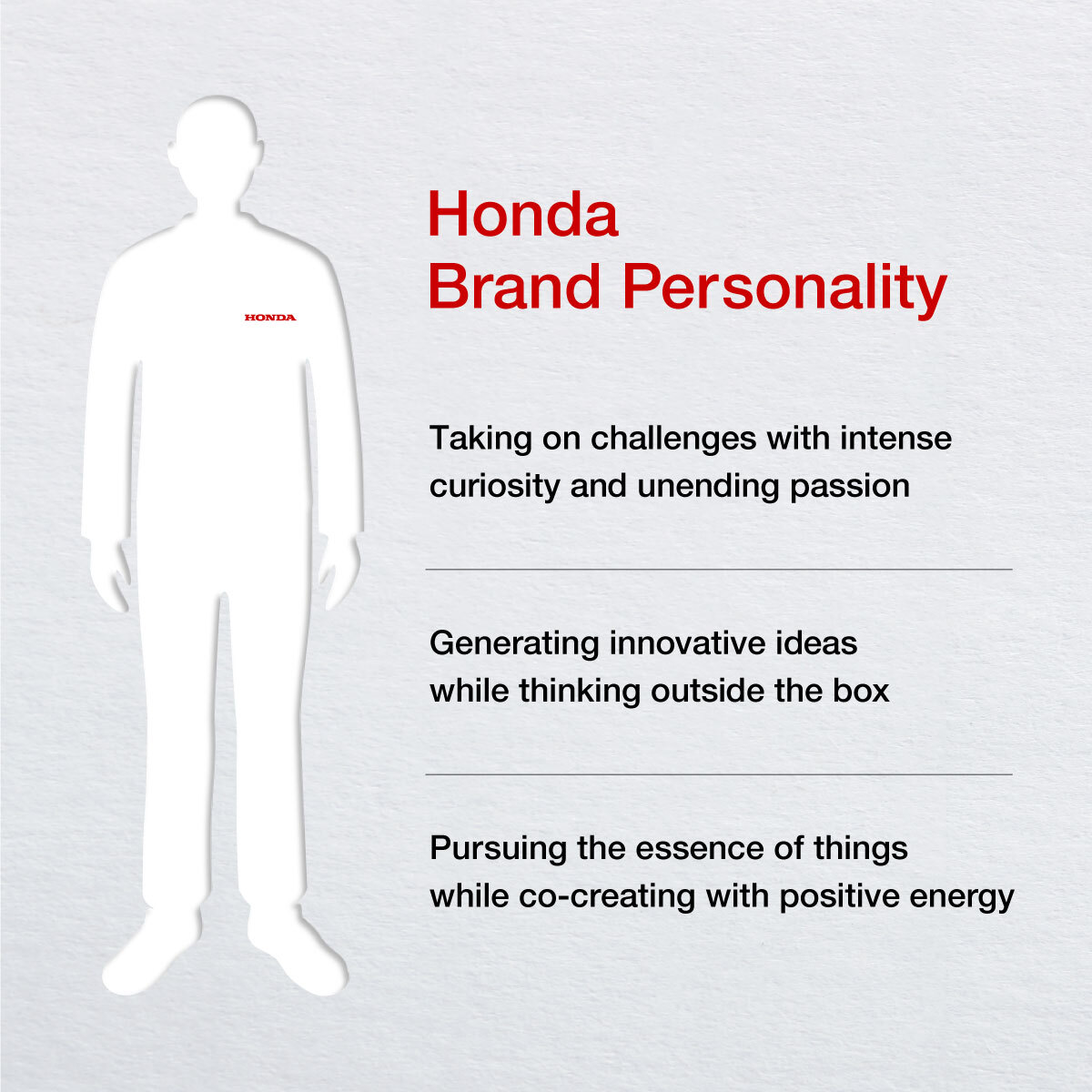 Honda Brand Personality「Curious about things and can't help but take on challenges.」「Wholehearted engagement with a 'never-give-up' spirit.」「 Full of energy and innovative, with out-of-the-box, unique ideas.」