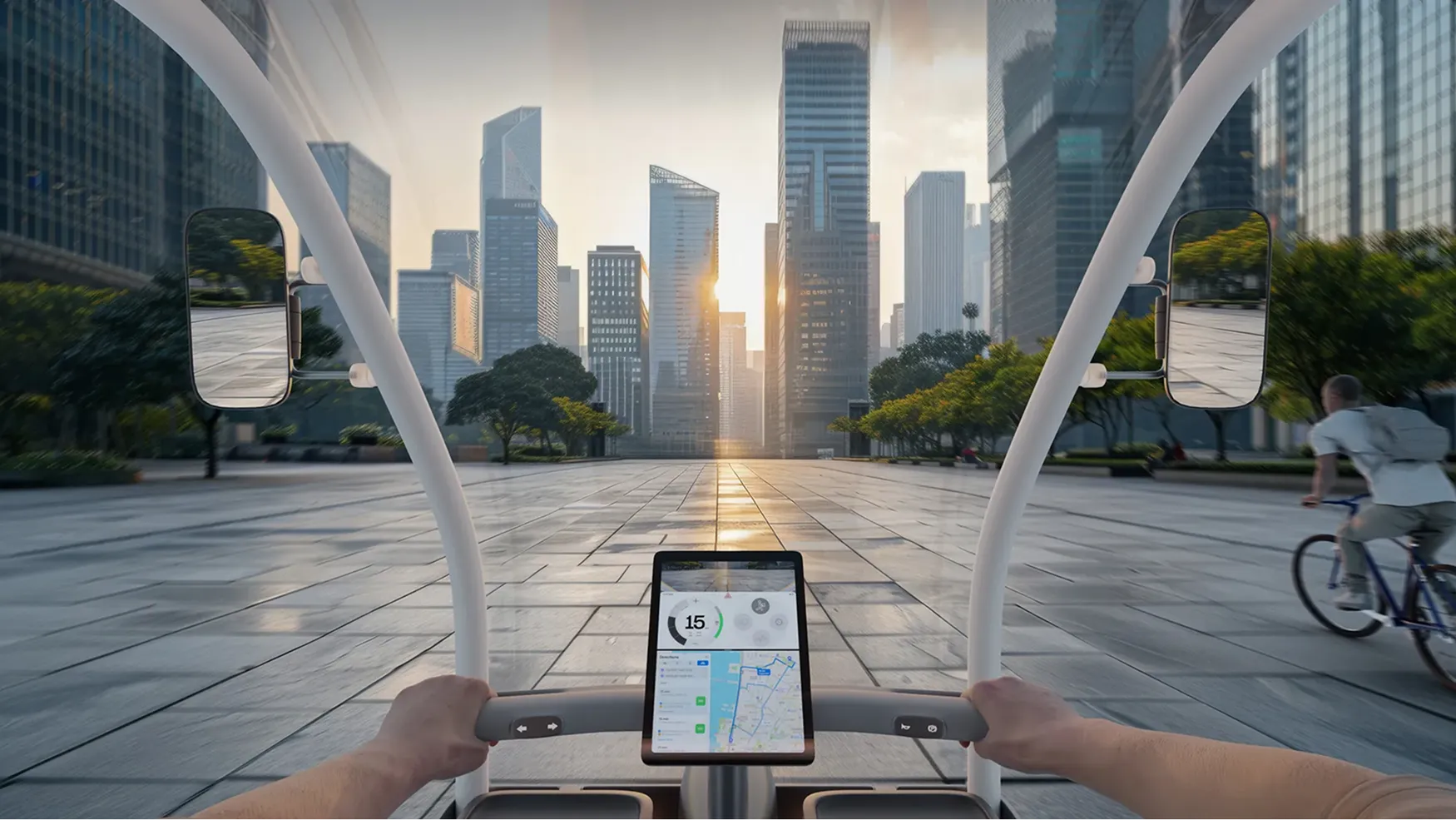 Fastport eQuad running with a tablet on the handlebars