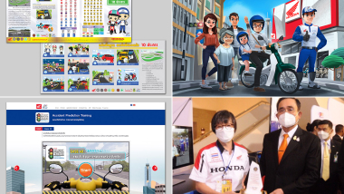 Pamphlet training customers on safety riding prior to delivery (upper left), character appearing in APT (upper right)