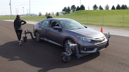 This CIVIC used at the Traffic Education Center is called a skid car and can replicate sliding that may occur on snowy or icy road conditions.