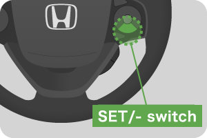 ACC is activated by pressing the MAIN switch on the steering wheel, followed by the SET/- switch.