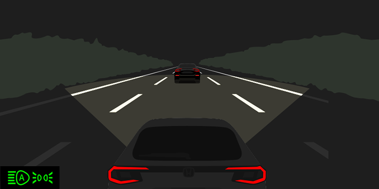 Low beam switches on.