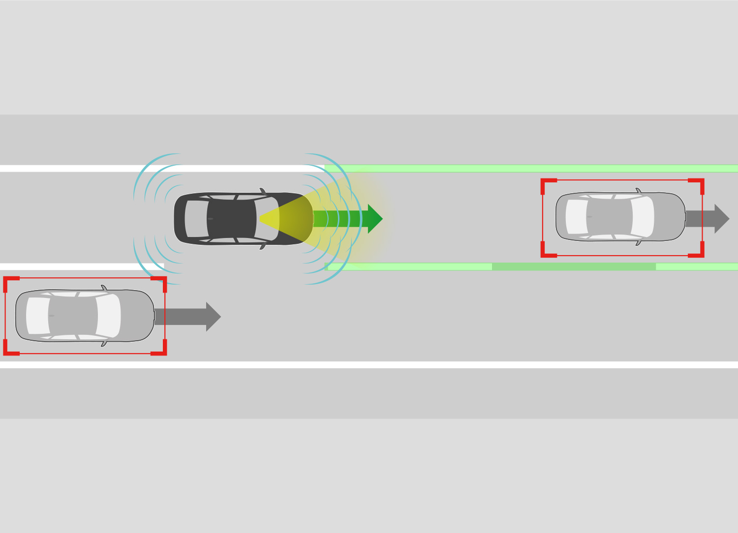 While driving on an expressway with Adaptive Cruise Control (ACC) with Low-Speed Follow and the Lane Keeping Assist System (LKAS) activated, the system uses high-definition maps to obtains information on the road ahead while also detecting other vehicles and road conditions in the vehicle’s surroundings using a camera and radar.