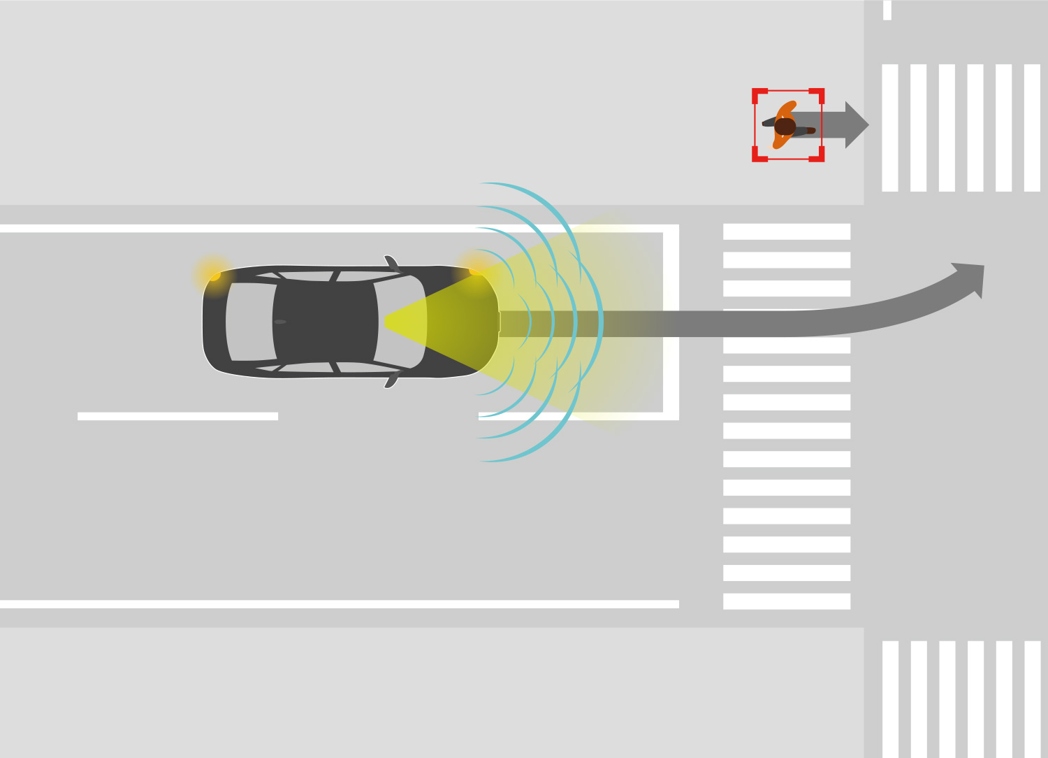 The system uses the camera and front radar to detect other vehicles and pedestrians.