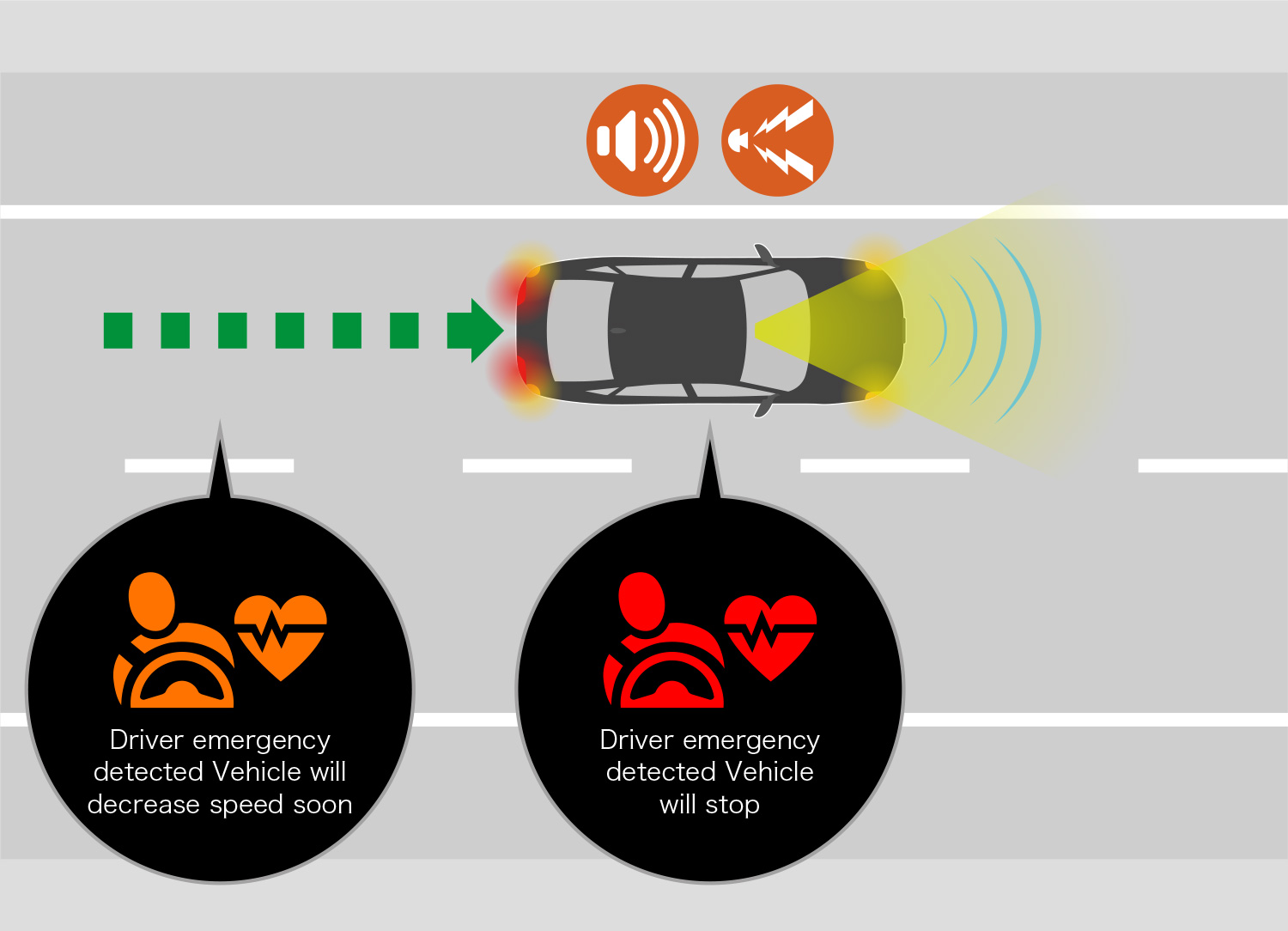 The system decelerates and stops the vehicle while alerting other road users using hazard lights and the horn.