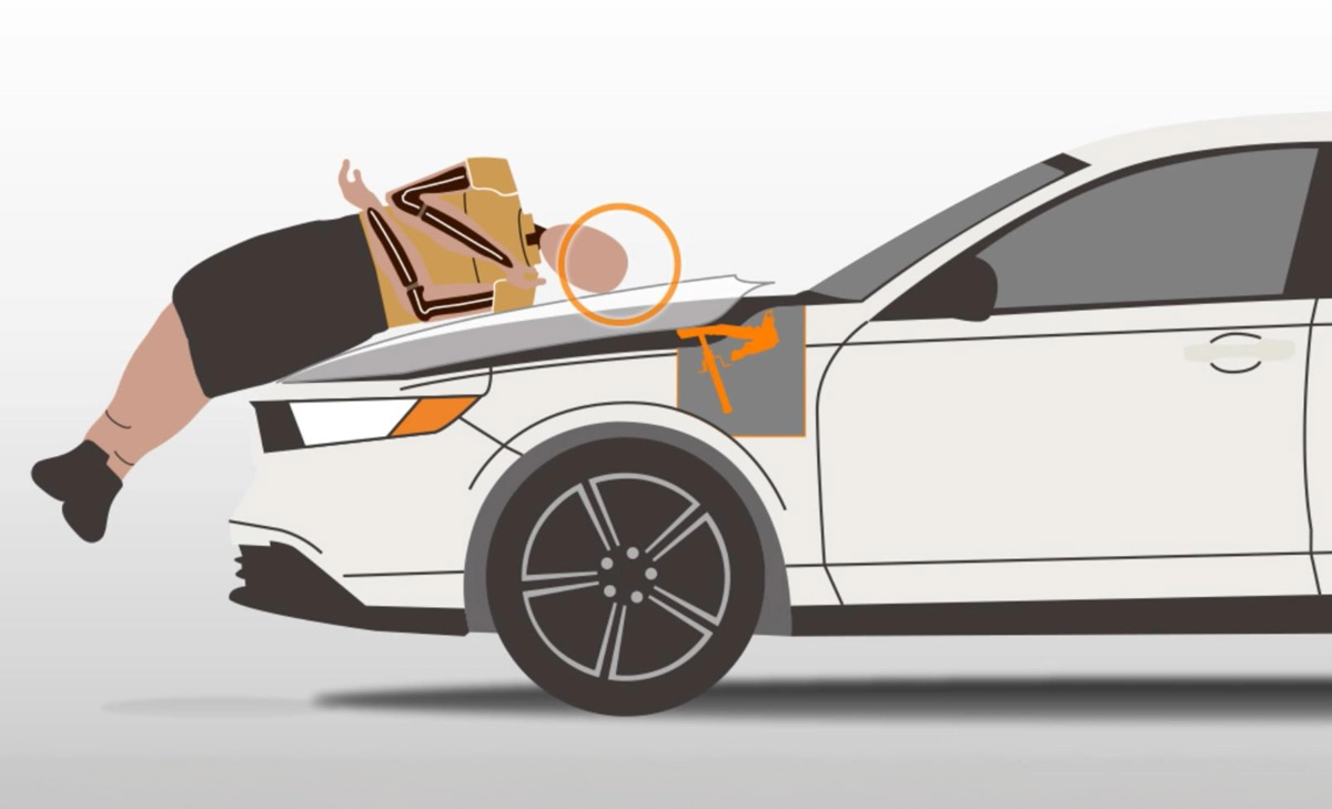 Raising the hood in collisions with pedestrians helps mitigate impacts to the head