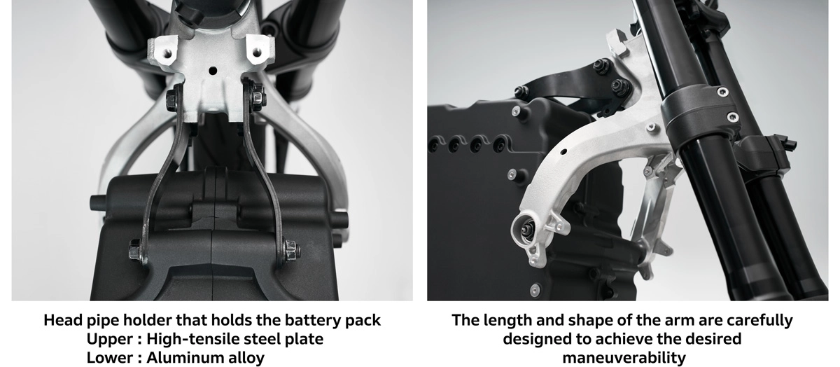 Head pipe holder that holds the battery pack Upper: High-tensile steel plate / Lower: Aluminum alloy, The length and shape of the arm are carefully designed to achieve the desired maneuverability