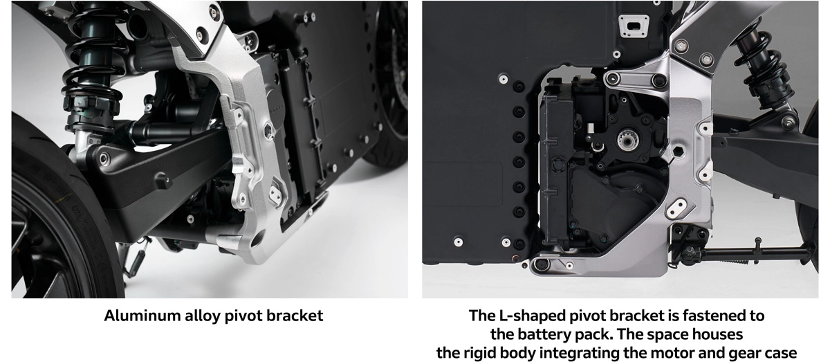Aluminum alloy pivot bracket, The L-shaped pivot bracket is fastened to the battery pack. The space houses the rigid body integrating the motor and gear case.