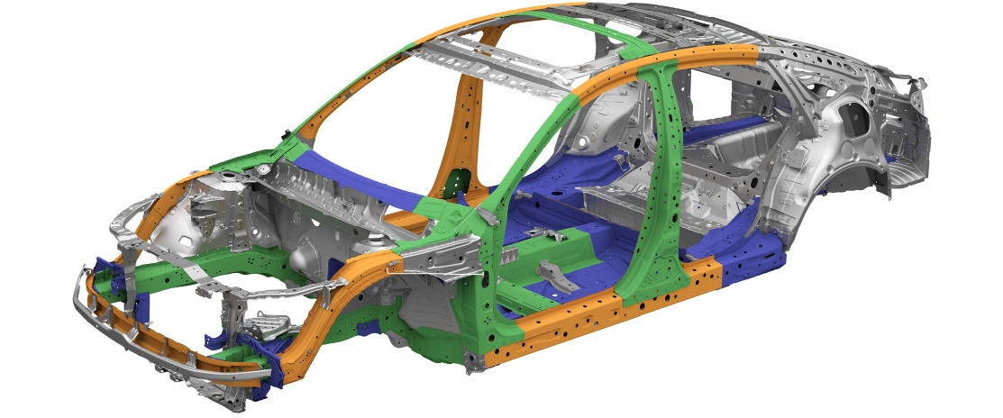 Lightweight yet highly durable high-tensile steel sheets were used for 49% of the body frame (in yellow, green, and blue)