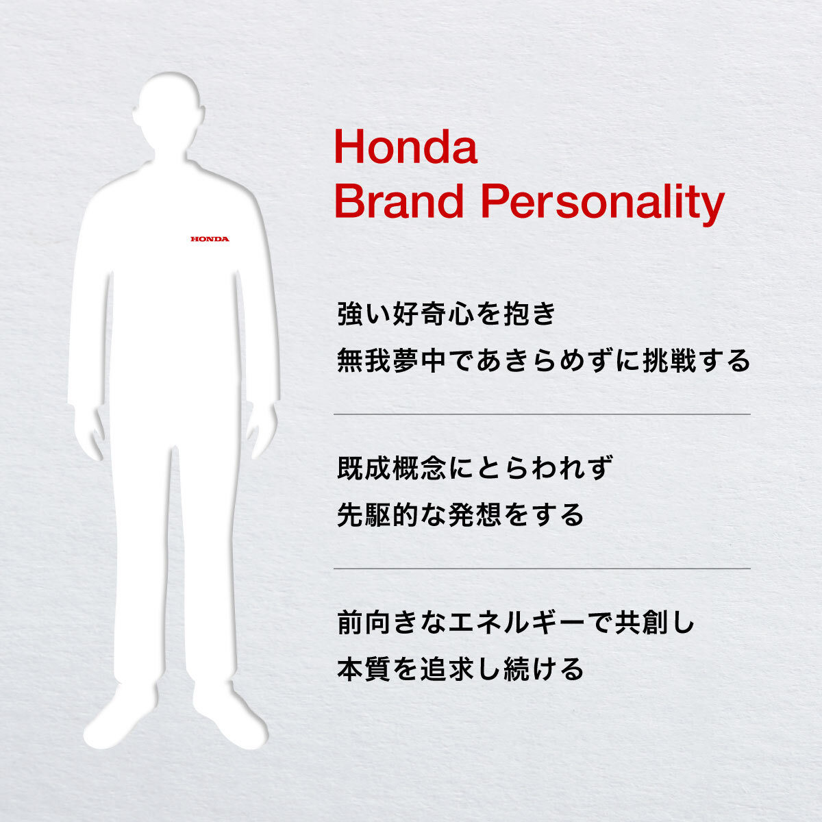 Honda Brand Personality 「強い好奇心を抱き無我夢中で諦めずに挑戦する」「既成概念にとらわれず先駆的な発想をする」「前向きなエネルギーで共創し本質を追求し続ける」