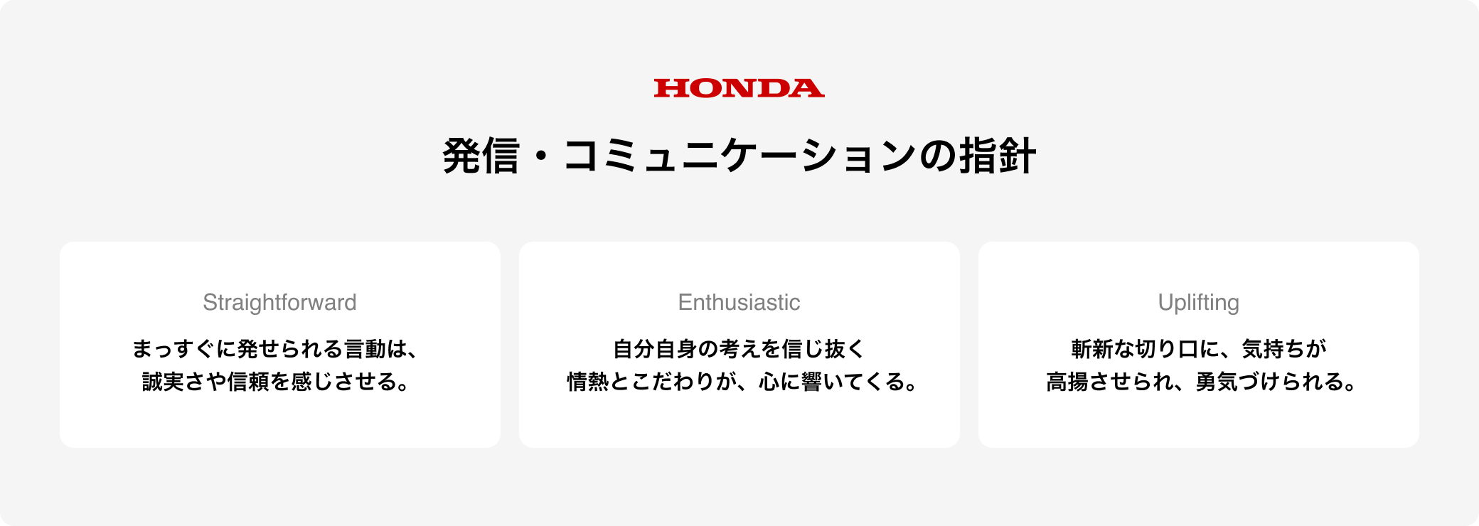 HONDA 発信・コミュニケーションの指針 straightforward：まっすぐに発せられる言動は、誠実さや信頼を感じさせる。 / enthusiastic：自分自身の考えを信じ抜く情熱とこだわりが、心に響いてくる。 / uplifting：斬新な切り口に、気持ちが高揚させられ、勇気づけられる。