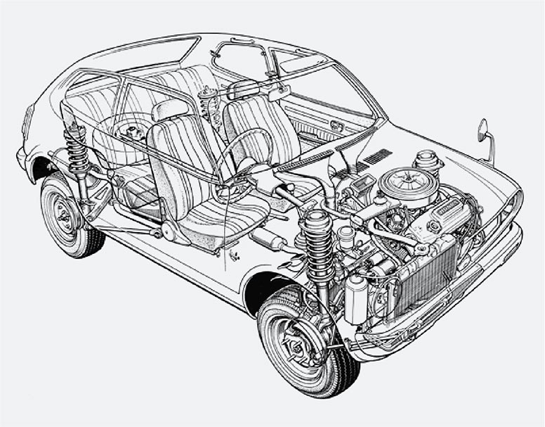 初代シビック透視図。斬新な台形ボディーに、コンパクトな横置きエンジンと当時のFF車では珍しかったストラット式四輪独立懸架サスペンションをレイアウトし広い居住空間をもたらした