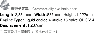 市販予定車	Commercially available soon : Length:2,224mm Width:886mm Height:1,222mm Engine Type:Liquid-cooled 4-stroke 16-valve OHC V-4 Displacement:1,237cm3