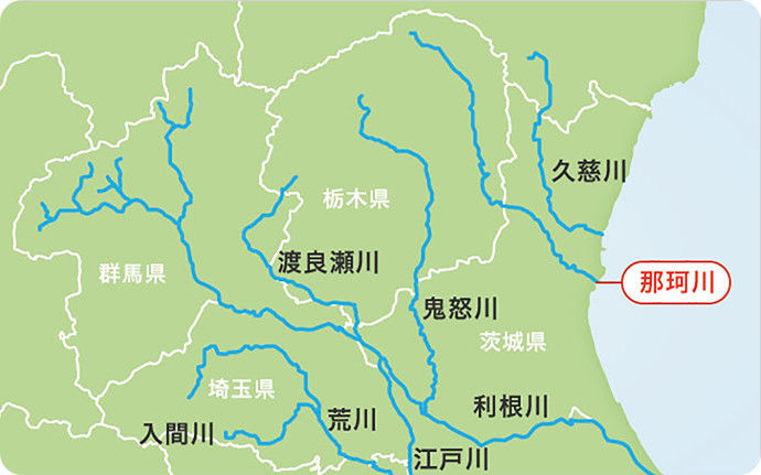 那珂川は、栃木県の那須岳山麓に始まり茨城県のひたちなか市付近で海に出る一級河川です。
