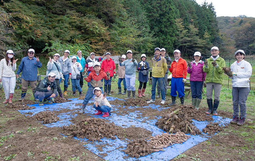 新緑と紅葉の里地里山で、雑木林と畑の保全活動。伐採と、畑の水路補修・野菜の収穫を体験