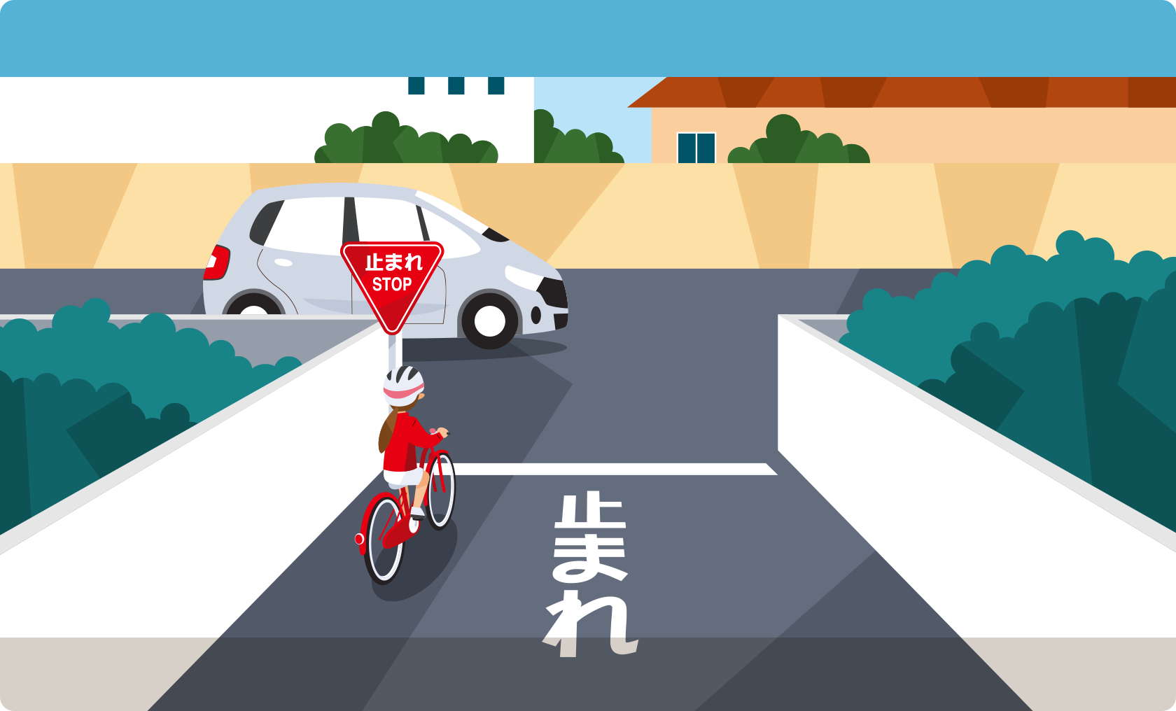 子供が自転車に乗って信号のない交差点を通って右折するときの注意点を紹介するイラスト