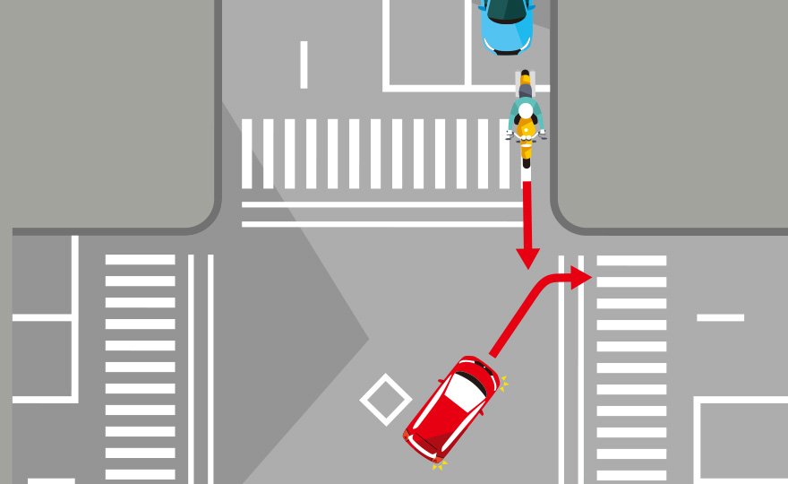 右折のときは対向車の死角になって見えないクルマの動きまで考えることが大切であることを説明するイラスト