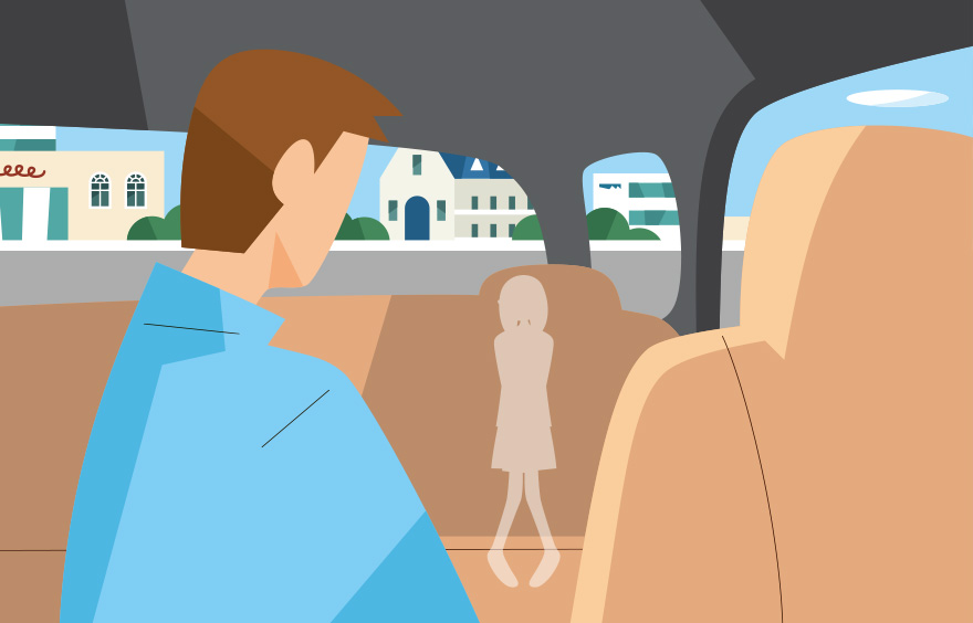 SUVでは左のすぐ後方に立っている子どもが運転席から見えないことを示すイラスト