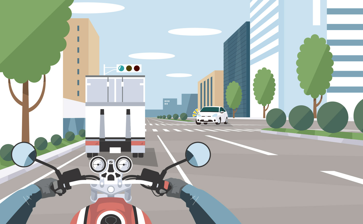 バイクとクルマの交差点での事故を示すイラスト