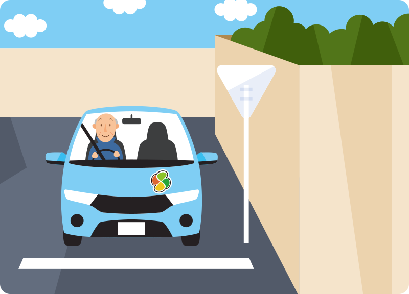 見通しの悪い交差点で一時停止し、出会い頭事故を未然に防ぐ方法を紹介するイラスト
