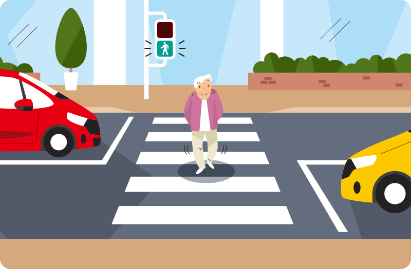 高齢者が信号のある交差点を横断するときに注意することを紹介するイラスト