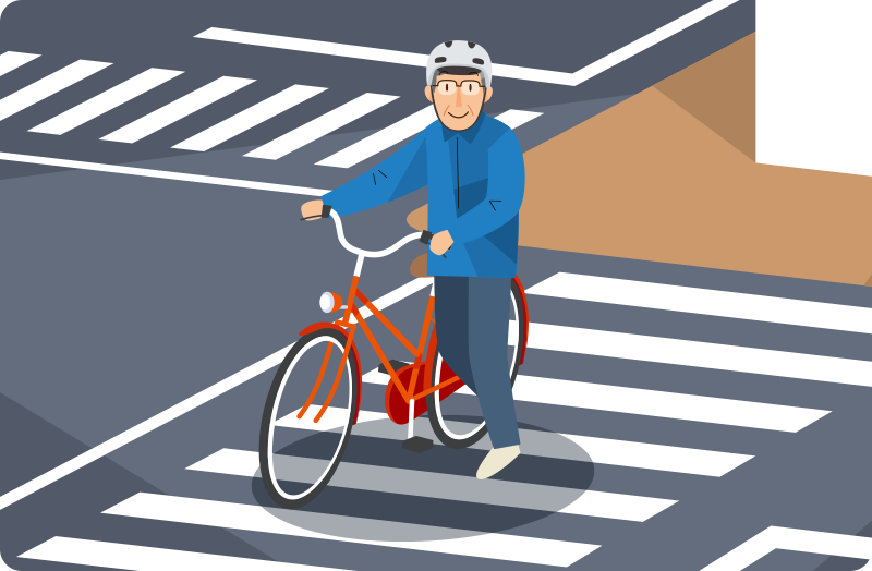 高齢者が自転車で道路を横断するときは、自転車を降りて安全確認し、そのまま自転車を押して横断すべきであることを紹介するイラスト