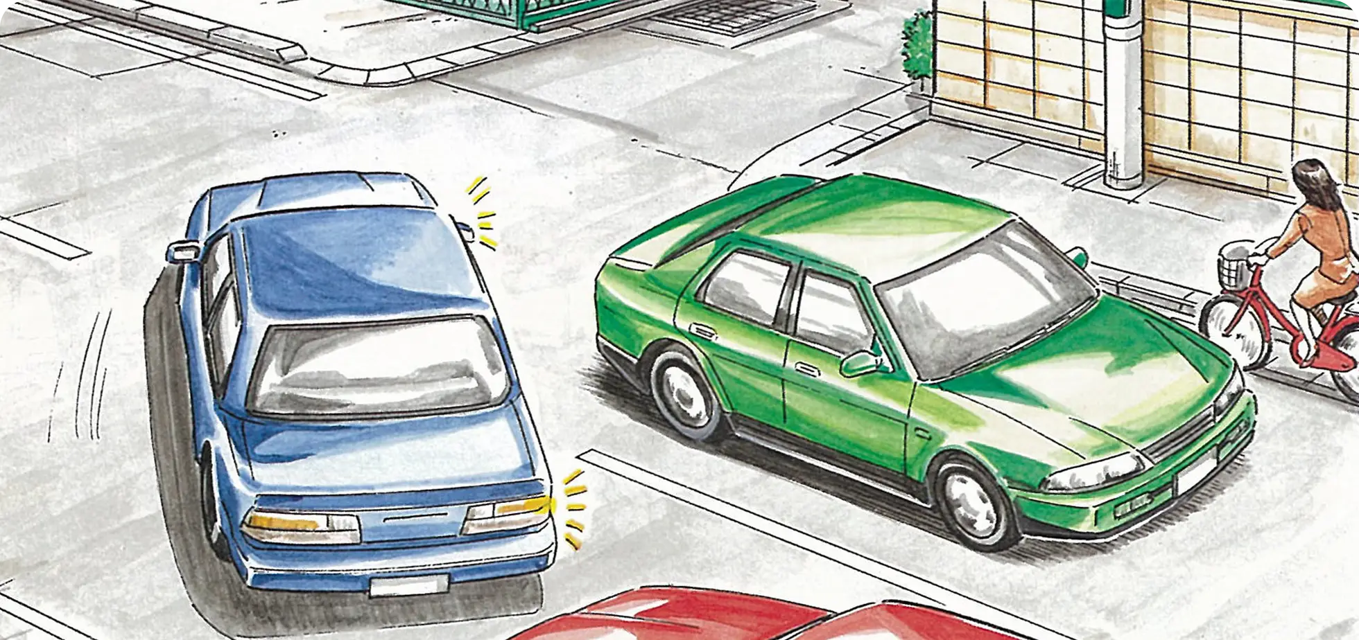 ゆるい下り坂の狭い交差点で右折待ち中、対向車が通過したのですぐに右折しようとする時のクルマ視点の【イラスト問題】イラスト