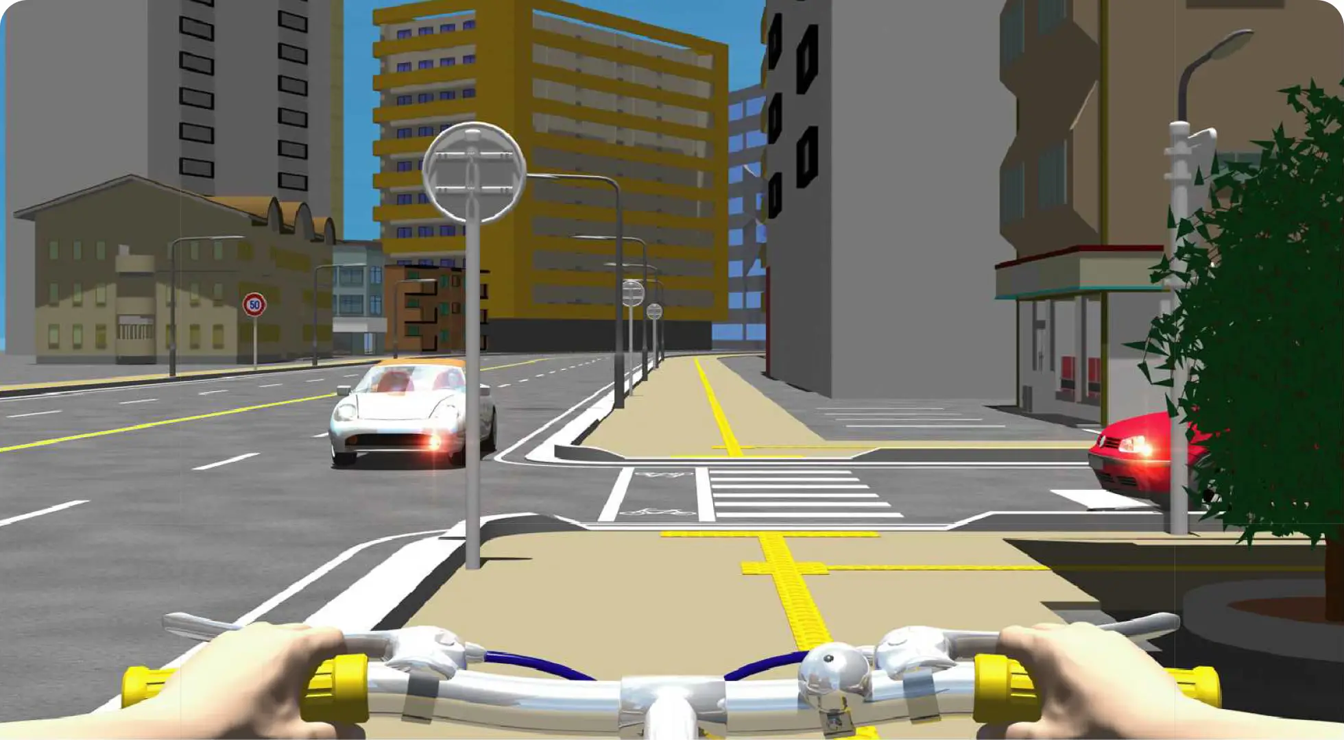 通行可能な歩道を走行中、信号のない自転車横断帯を渡る際、右右前方に路地から右折しようとする車が止まっていて、左前方から横断帯に左折しようとする車がある時の自転車視点の【イラスト問題】イラスト