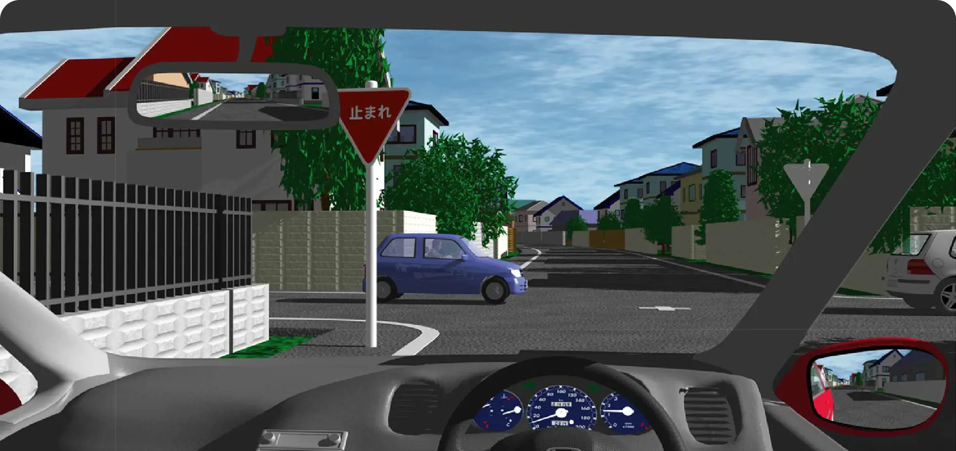 生活道路の交差点で、交差する一方通行でない前方の道を続けて2台のクルマが通過している時のクルマ視点の【イラスト問題】イラスト