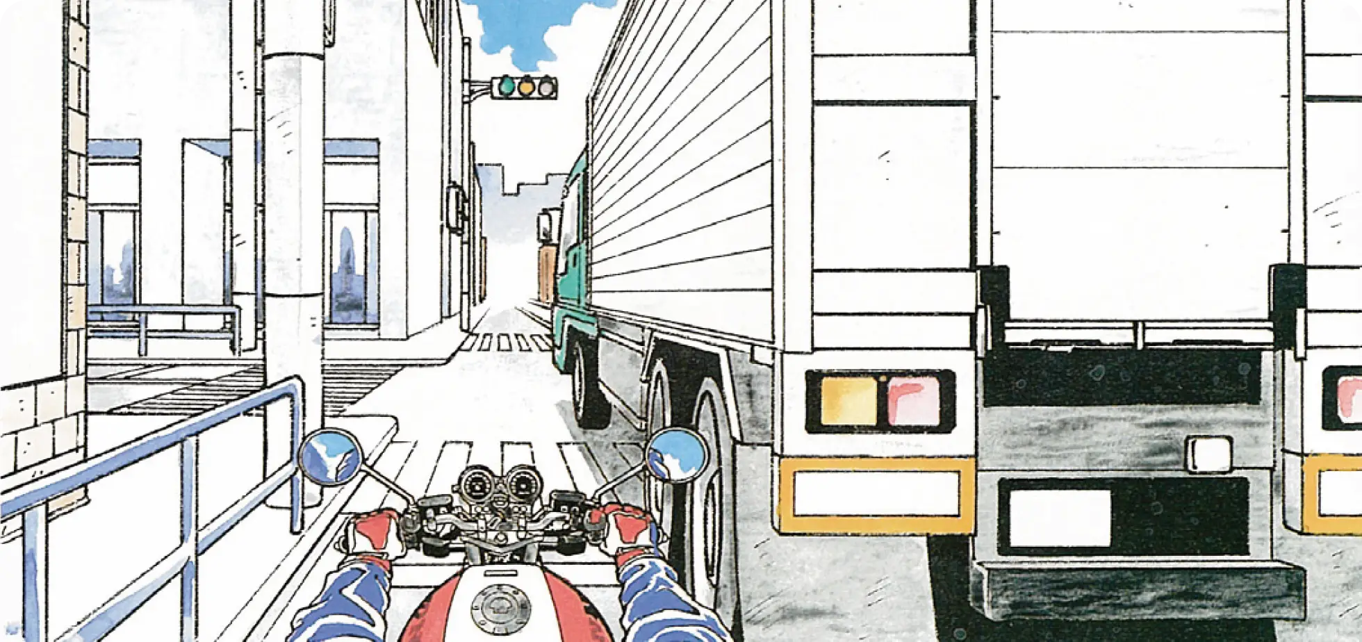 右折するトラックのうしろから、青信号の交差点に進入する時のバイク視点の【イラスト問題】イラスト