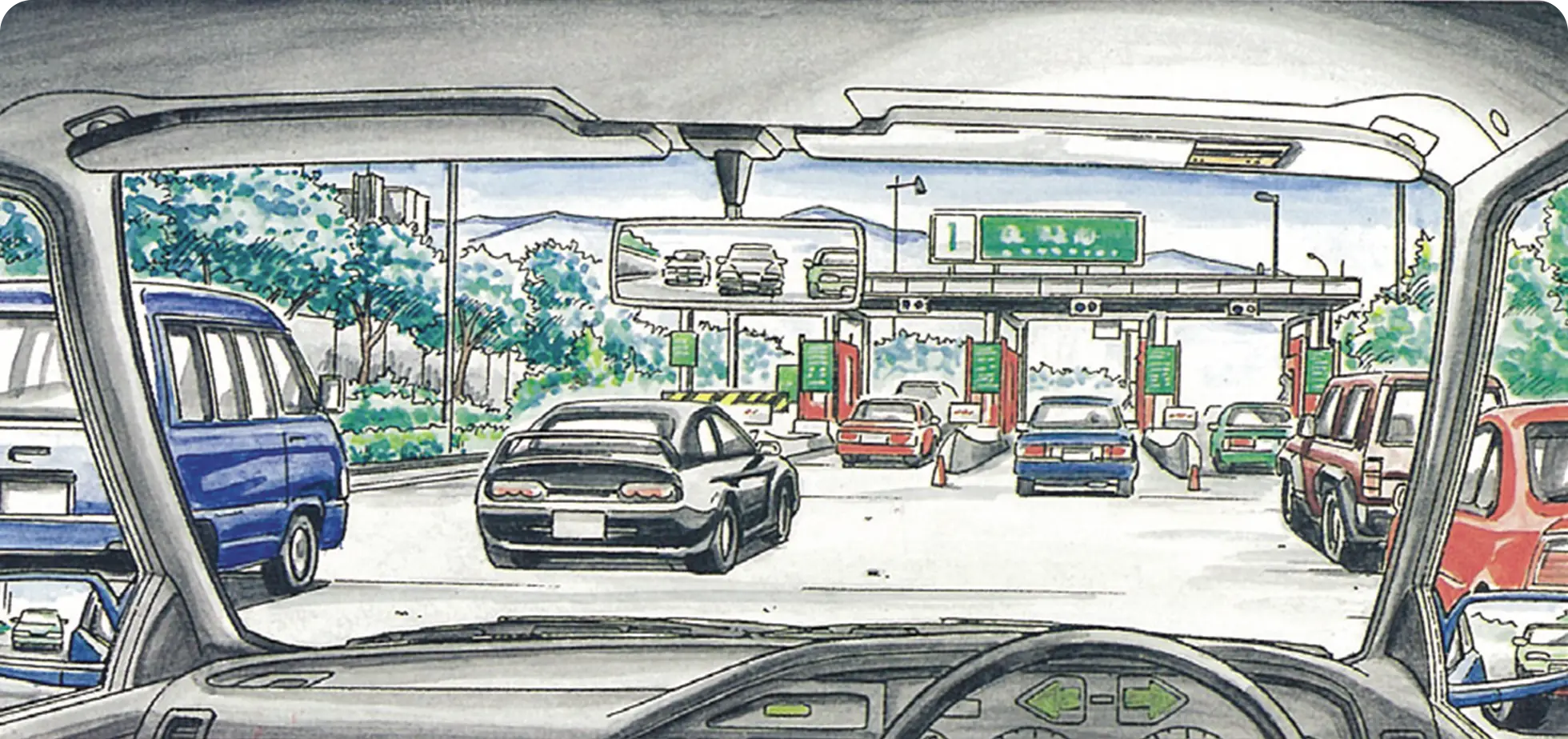 高速道路の料金所に近づき、料金を支払う時のクルマ視点の【イラスト問題】イラスト