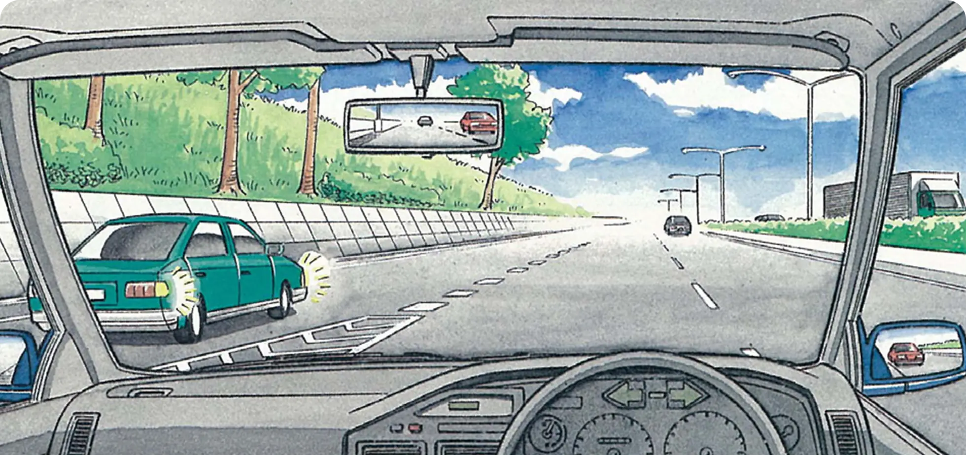 高速道路で走行車線を走行中、加速車線から1台のクルマが合流しようとしている時のクルマ視点の【イラスト問題】イラスト