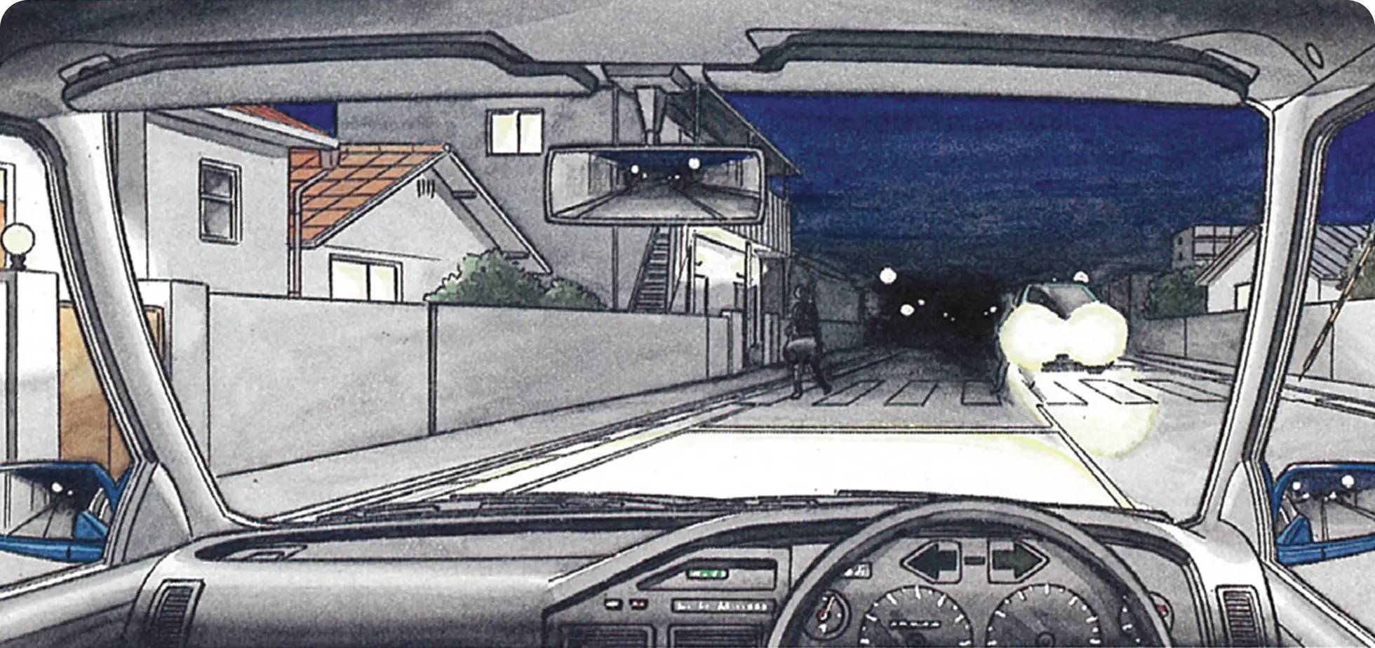 夜間、接近する対向車との間に横断歩道がある時のクルマ視点の【イラスト問題】イラスト