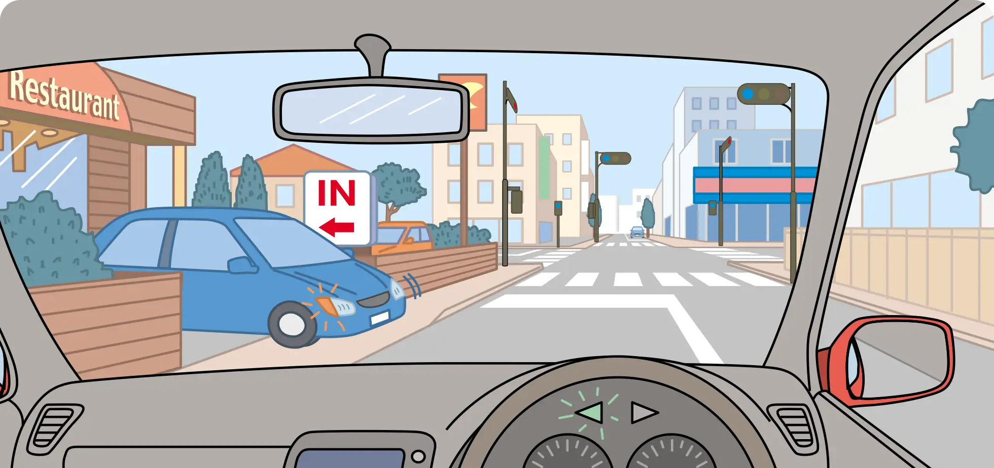 交差点手前左側にあるレストランから右ウインカーを点滅させたクルマが出ようとしている中、交差点を左折するためにその手前でウインカーを出した時のクルマ視点の【イラスト問題】イラスト