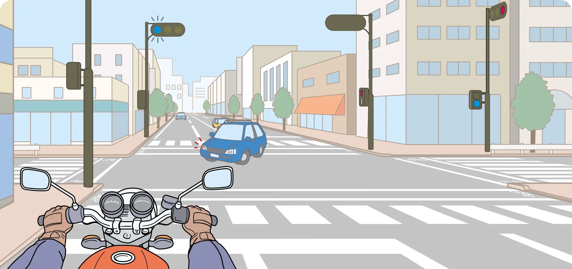 対向車線に右折待ち車両が並んでいて、1台が右折を開始した交差点に進入する時のバイク視点の【イラスト問題】イラスト