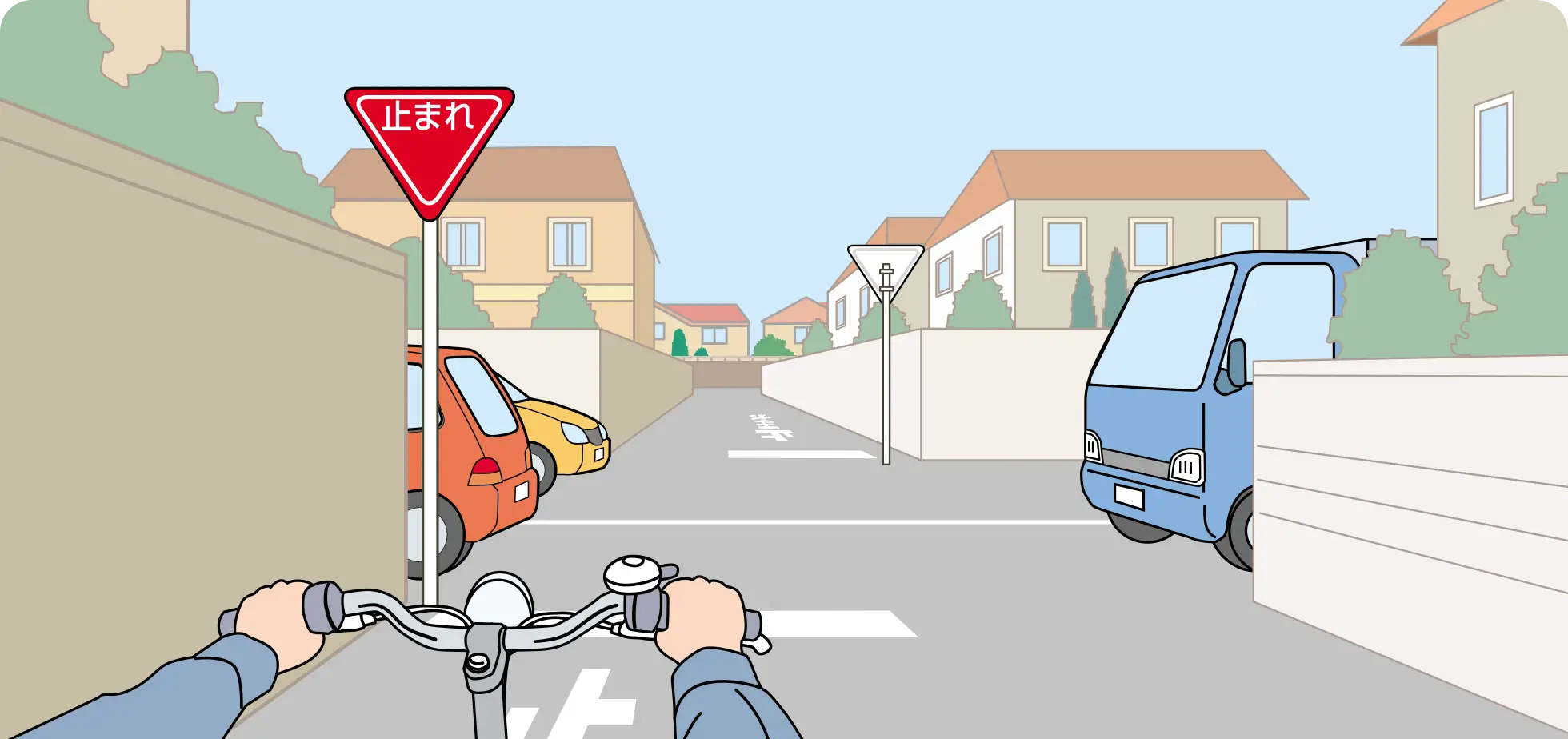 信号のない交差点で路地を抜けて広い通りを横断する際、交差する手前の車線が渋滞していて右側のトラックが停止している時の自転車視点の【イラスト問題】イラスト