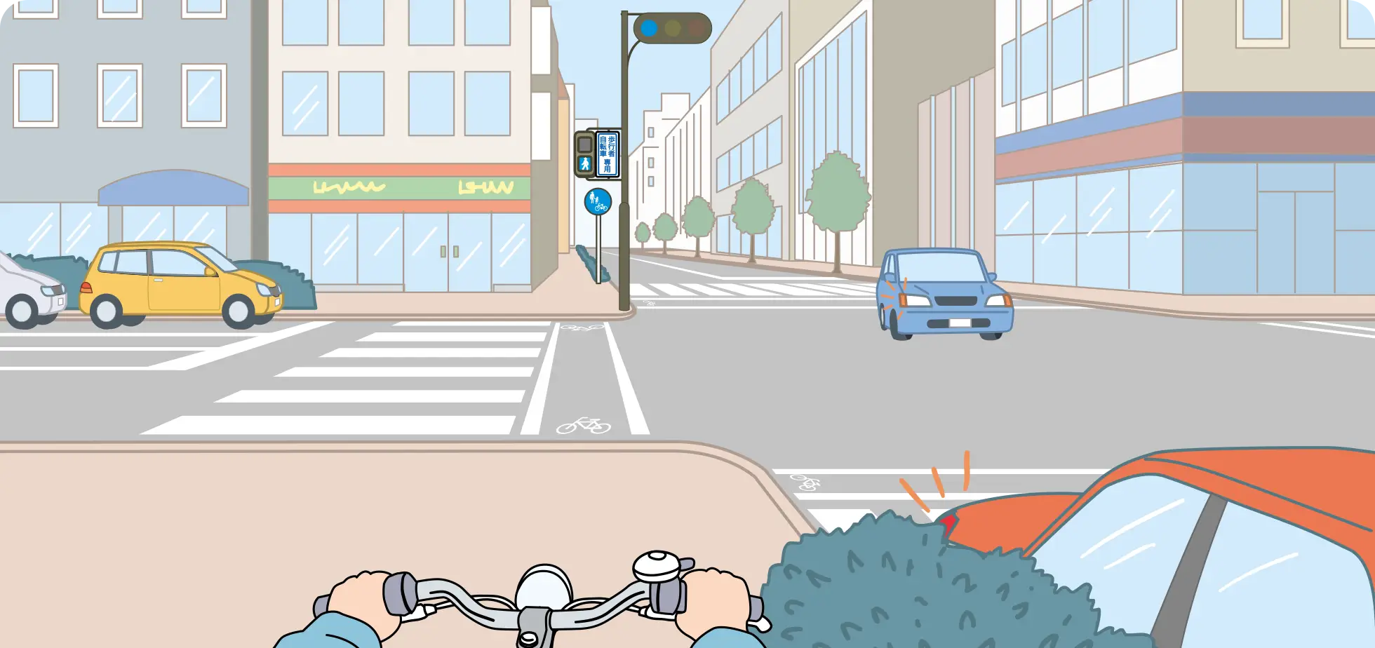 通行可能な歩道を走行中、前方の自転車専用の信号が青なので交差点を横断しようとしている時の自転車視点の【イラスト問題】イラスト