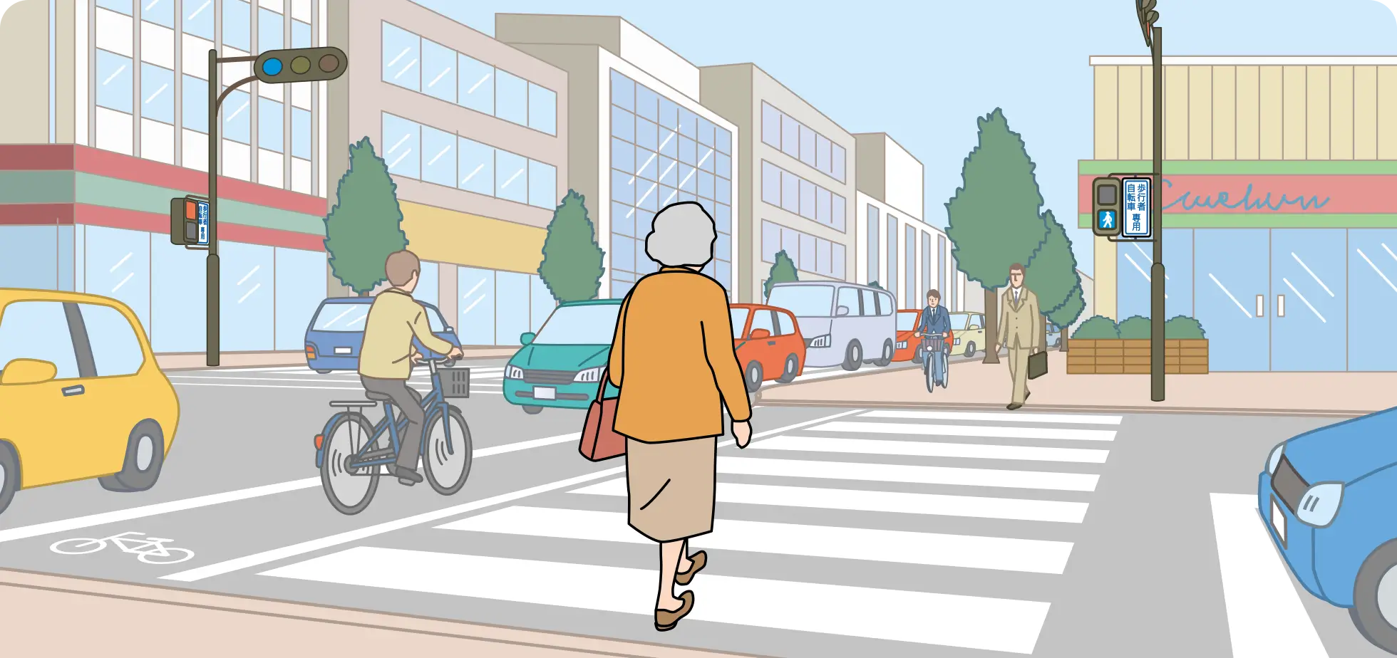 市街地の交差点を横断しています。左側の車道の信号は青ですが渋滞している時の歩行者視点の【イラスト問題】イラスト