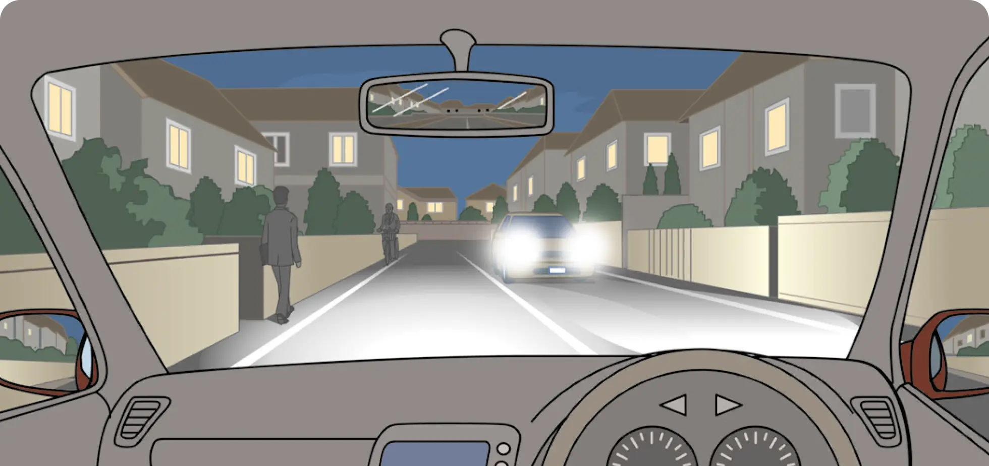 夜間、片側一車線の道路を走行中、ヘッドライトが明るい対向車が近づいてようとている時のクルマ視点の【イラスト問題】イラスト