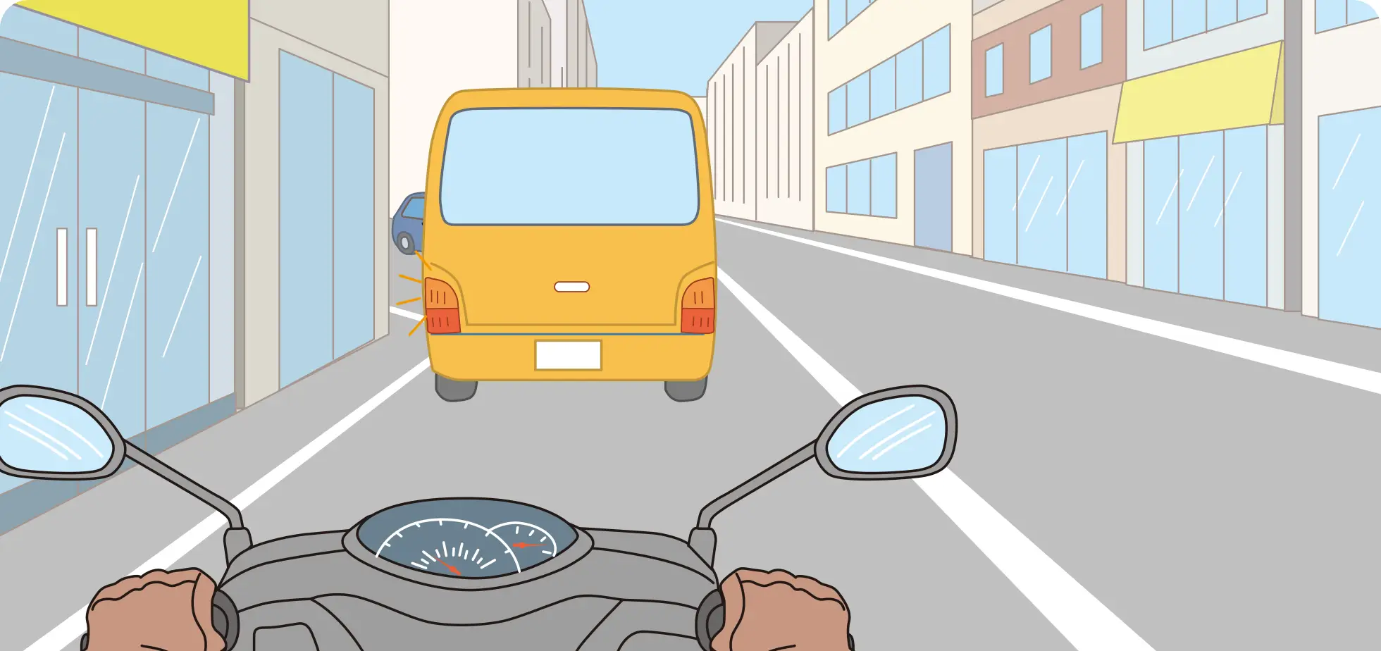 前方の四輪車が左折しようとしている時（二輪車編）｜【イラスト問題