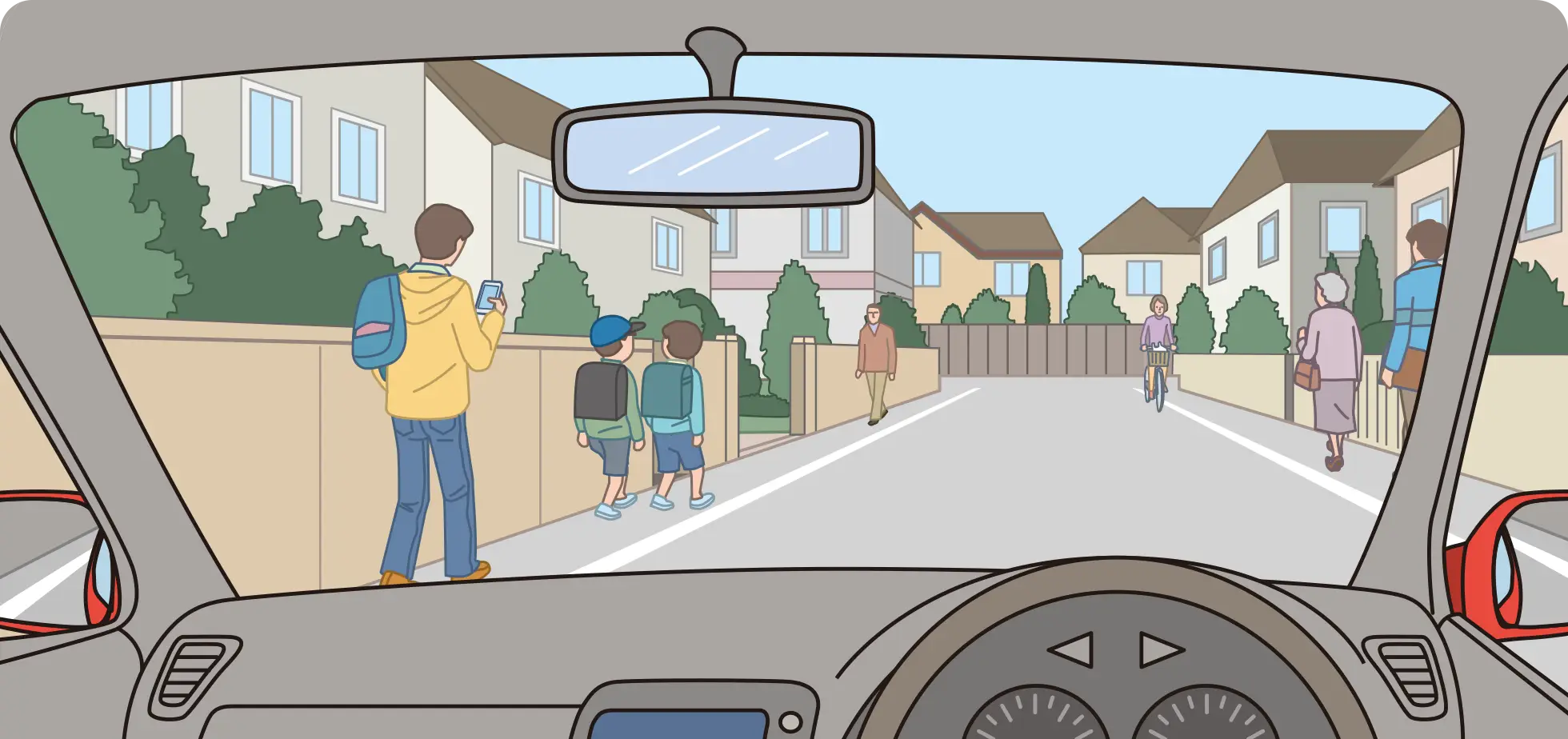 人通りのある狭い道路を走行中、道路の両端に歩行者や自転車がいる横を通り過ぎようとている時のクルマ視点の【イラスト問題】イラスト