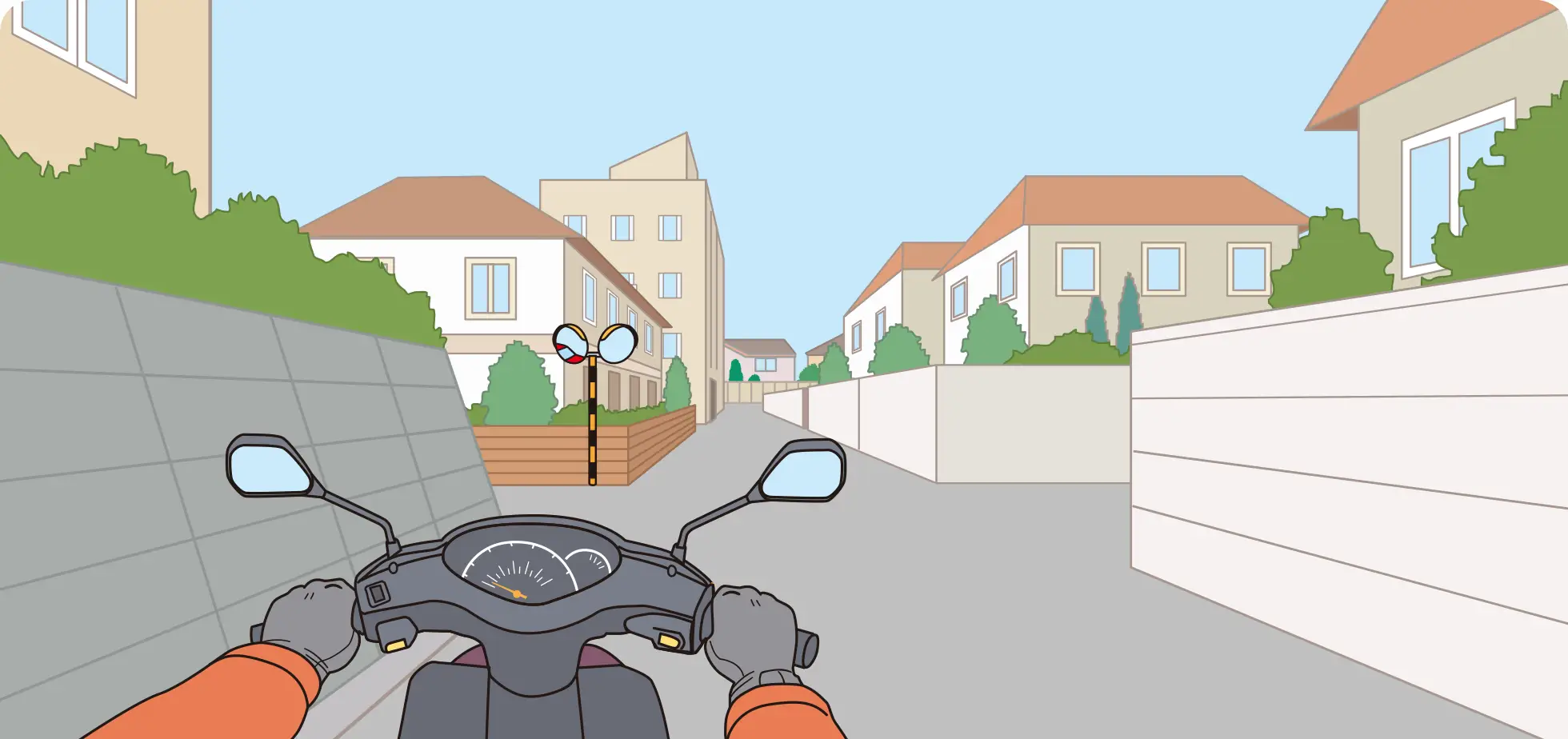 住宅地の同じ幅の道が交わる見通しの悪い交差点に進入しようとしている時のバイク視点の【イラスト問題】イラスト