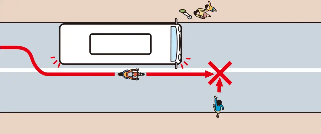 友だちとそのお母さんが、道路の反対側のバス停に停車したバスから降りてきたので、会うためにこどもが渡ろうとしている時の危険予測の【イラスト問題】説明イラスト