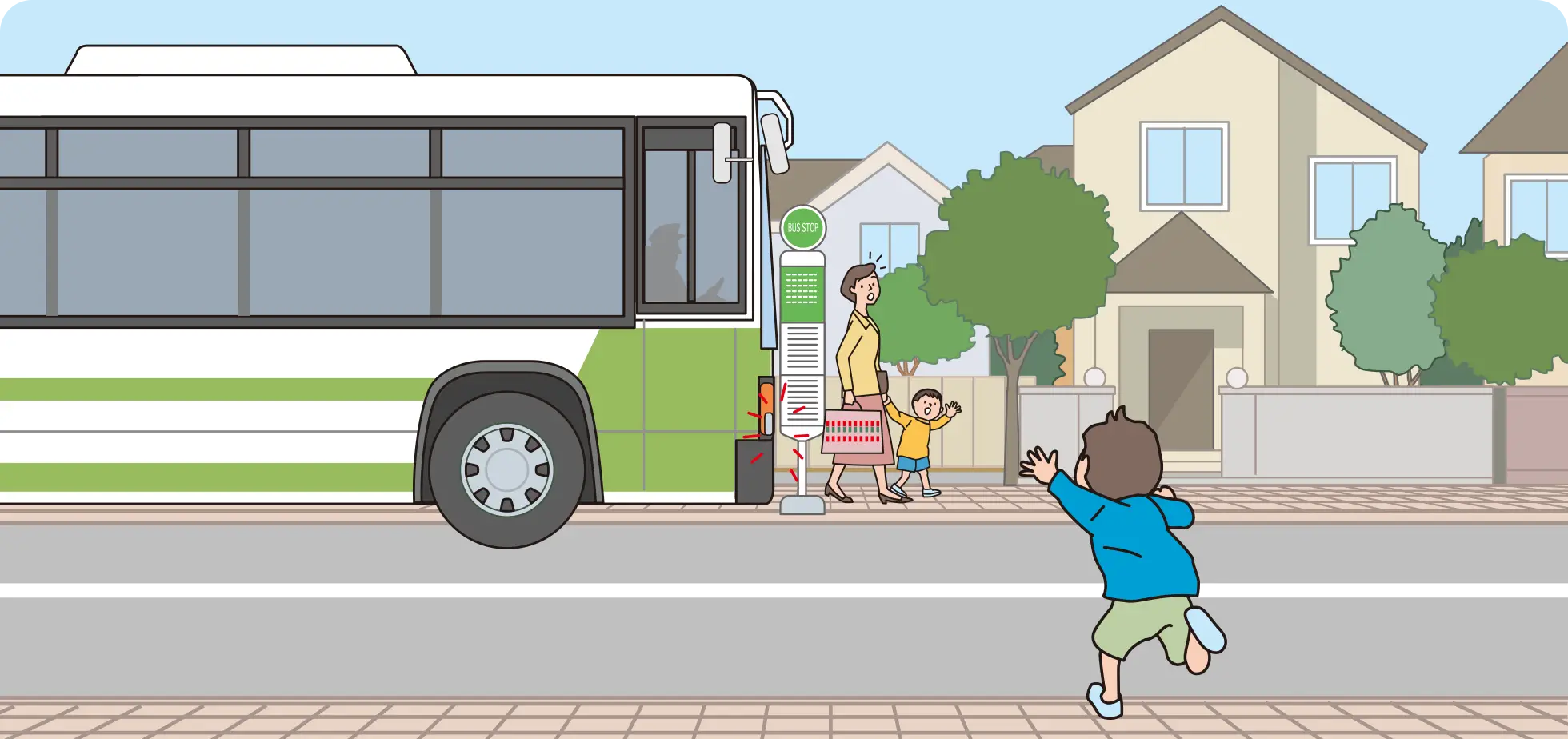 友だちとそのお母さんが、道路の反対側のバス停に停車したバスから降りてきたので、会うためにこどもが渡ろうとしている時の【イラスト問題】イラスト