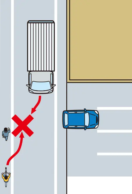 ���H�E���̒��ԏ�̃N���}����ނ��n�߁A�Ό��Ԃ̃g���b�N���߂Â��Ă���Ȃ��A�O���̕��s�҂����S�ɒǂ��z���H���т���ԓ��ɏo�悤�Ƃ��Ă��鎞�̊댯�\���́y�C���X�g���z�����C���X�g