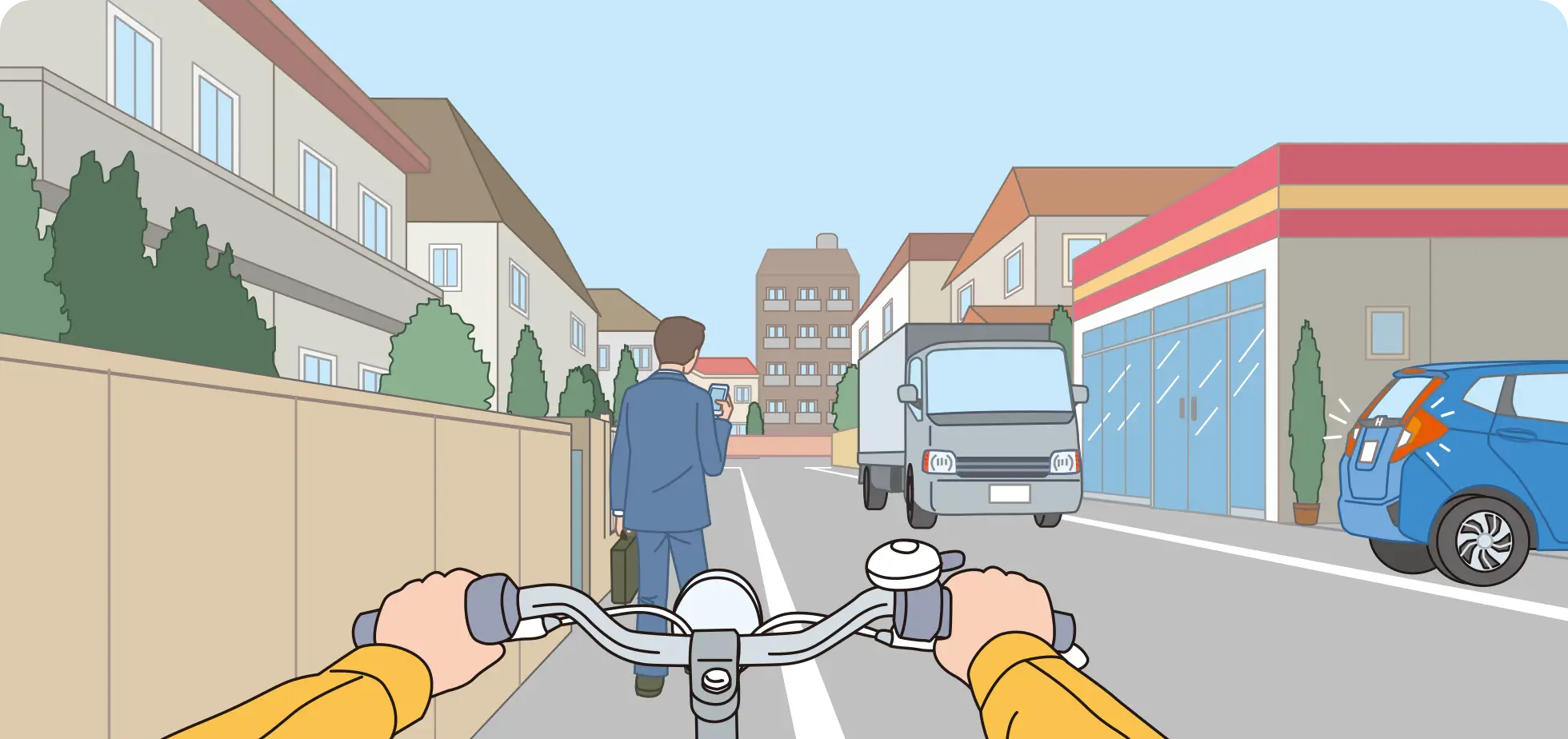 道路右側の駐車場のクルマが後退し始め、対向車のトラックが近づいてくるなか、前方の歩行者を安全に追い越し路側帯から車道に出ようとしている時の自転車視点の【イラスト問題】イラスト