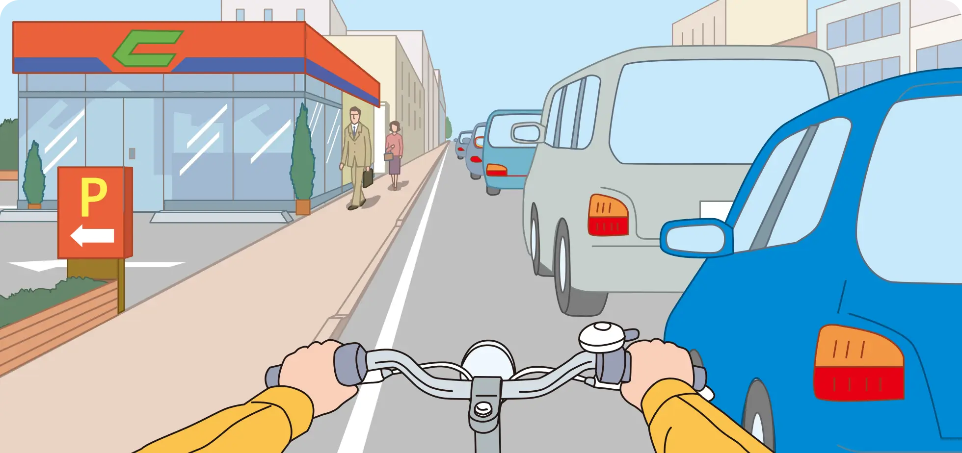 前方に店舗の入り口があるなかで、渋滞中のクルマの脇の車道左端を走行している時の自転車視点の【イラスト問題】イラスト